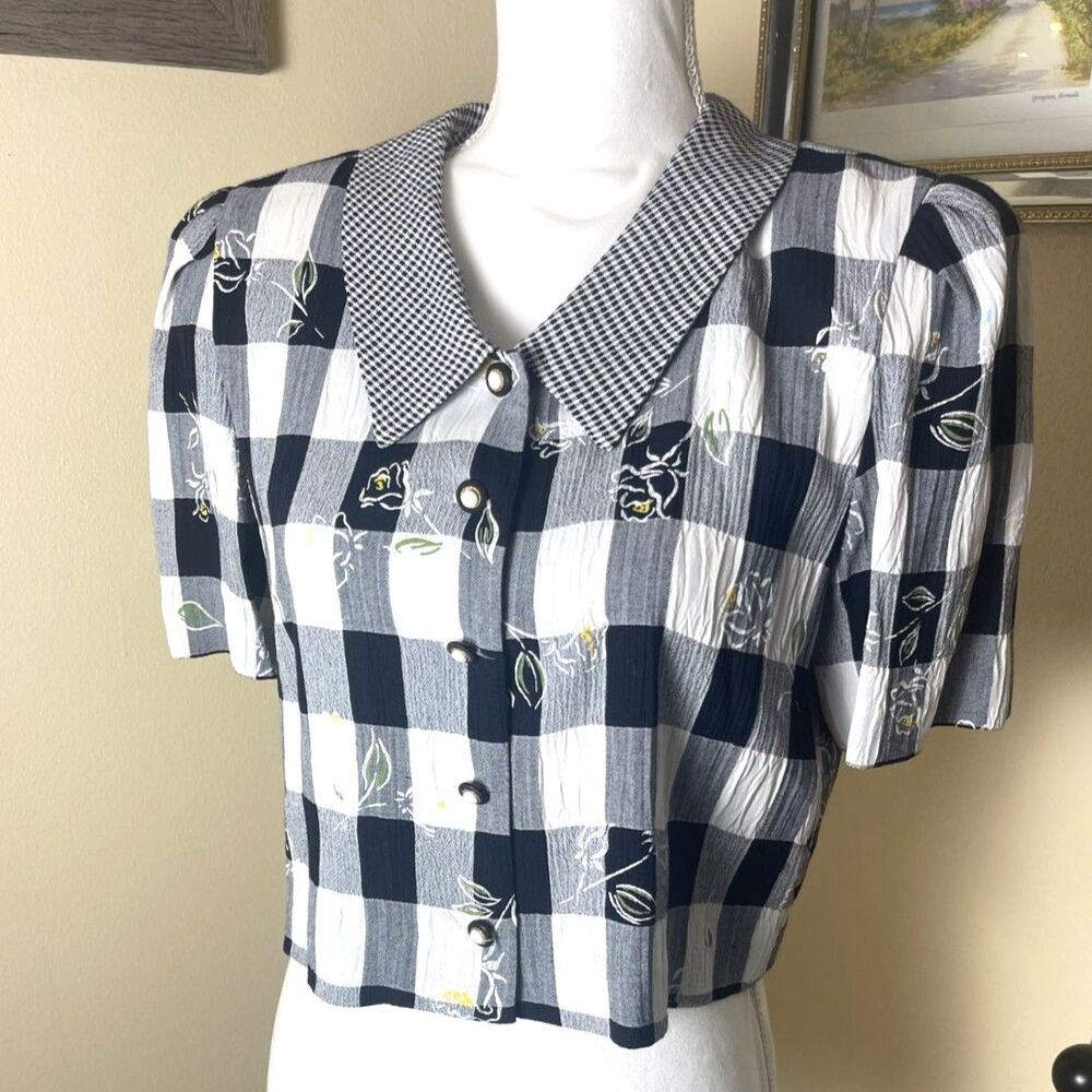 VTG Peri Petites Womens Gingham Check Floral Overlay Top Sz 12 Blouse Retro 80s